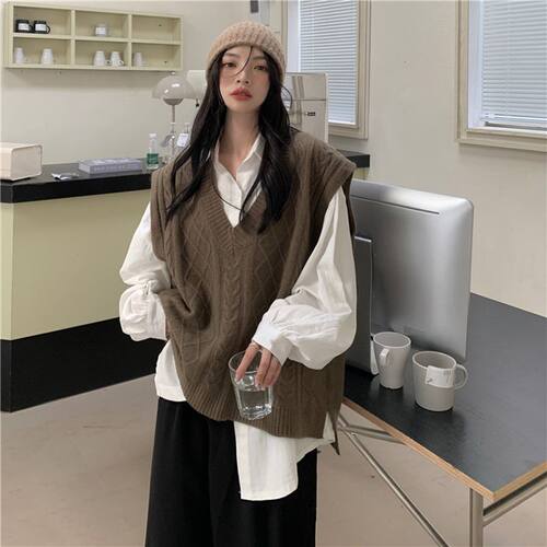 胖MM大码马甲背心学院风女韩版复古慵懒风宽松百搭v领无袖小毛衣