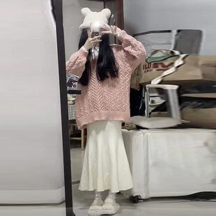 胖mm大码网红同款V领套头麻花红色毛衣女宽松百搭慵懒风针织上衣