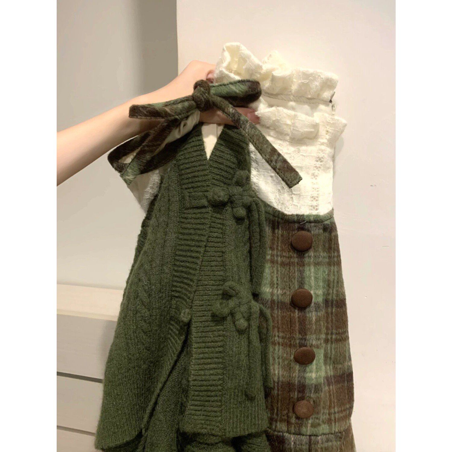胖MM大码复古森系毛呢拼接格子连衣裙2026收腰裙毛衣外套两件套装