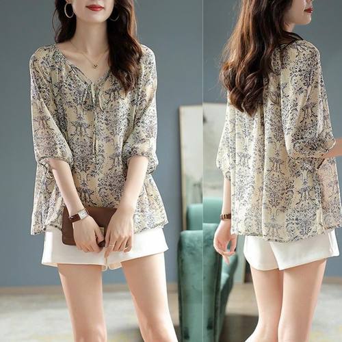 A9302春夏新款气质时尚减龄系带V领印花七分袖洋气雪纺遮肚子上衣