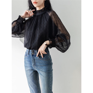 2025秋新款设计感时尚气质立领薄款蕾丝上衣黑色波点木耳领衬衫女