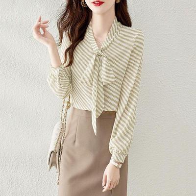 雪纺条纹衬衫女秋新款系带领长袖洋气职业通勤别致高级感时尚上衣