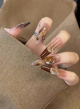 NIK手工A穿戴甲秋冬猫眼细狗百搭长款贵妇气质堆钻珠光美甲百搭款