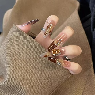 NIK手工A穿戴甲秋冬猫眼细狗百搭长款 贵妇气质堆钻珠光美甲百搭款