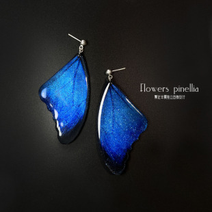 蓝色蝴蝶仿真翅膀耳钉耳线S925纯银长款不对称耳环防过敏度假瘦脸