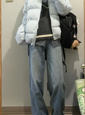 韩系覆古温柔风蓝色棉服外套女学生宽松加厚面包服冬季蝴蝶结棉衣