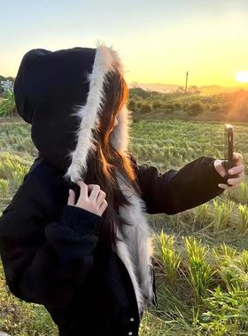 美式潮牌加绒黑色毛领连帽棉服女冬季宽松学院风休闲百搭加厚棉衣