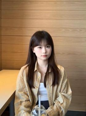 韩系覆古慵懒宽松黄色格纹衬衫女装夏季百搭衬衣宽松休闲防晒外套
