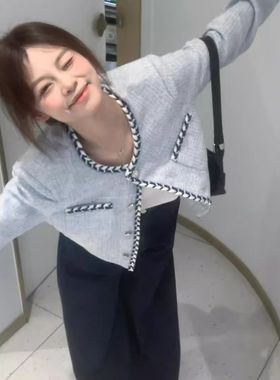 法式蓝色富家千金小香风外套女早秋季高级感气质名媛短款夹克上衣