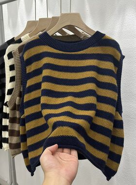 【绵羊绒3根】毛衣背心女慵懒无袖坎肩圆领撞色条纹针织马甲