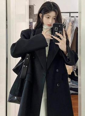 黑色赫本风毛呢外套女款秋冬高级感2025新款韩版小个子中长款大衣