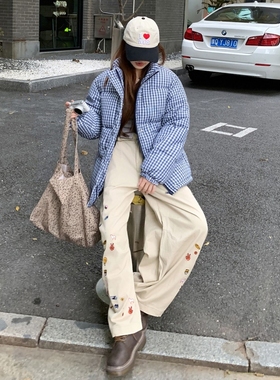 蓝色格子羽绒棉服女2025冬季新款小个子学生宽松面包服加厚棉衣