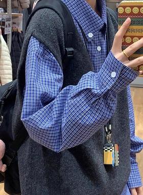 少年感蓝色格子衬衫叠穿内搭日系覆古上衣长袖打底衬衣外套男女款