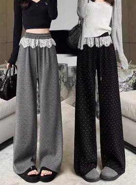 黑色波点蕾丝花边运动阔腿裤女春秋2025新款高腰显瘦垂感休闲卫裤