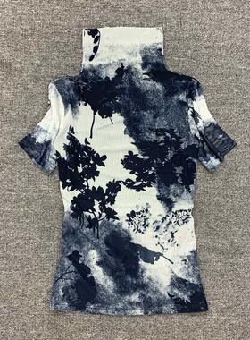 欧货新款春季高挡气质女上衣堆堆领网纱t恤洋气小衫高领短袖打底