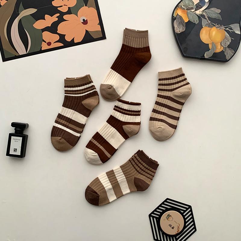 棕色个性短袜船袜条纹运动男女