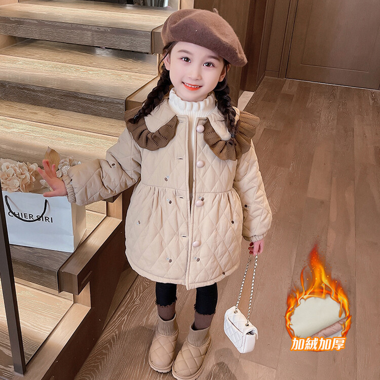 女童夹棉加厚外套棉服秋冬季2026新款花边宝宝加厚初冬装加绒儿童
