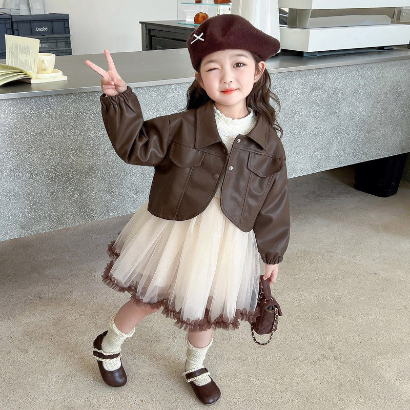 女童春季洋气皮衣连衣裙套装2026新款儿童时尚小女孩春装连衣裙子