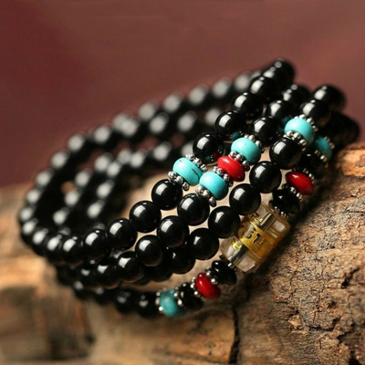 南红玛瑙108颗六字真言白水晶黄水晶黑曜石手链男女情侣手链