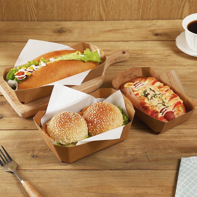 船型迷你汉堡包装牛皮纸托八角盒子芝士热狗包小面包可颂磅蛋糕盒