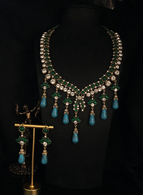 中古风复古宫廷风高级感复古镀真金项链毛衣链流苏耳钉耳环仿松石