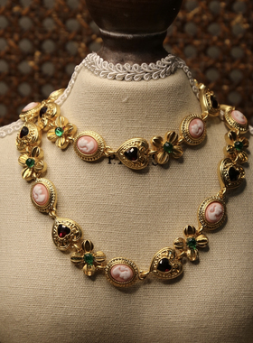 中古风浮雕Vintage复古宫廷风项链女锁骨链毛衣链耳环