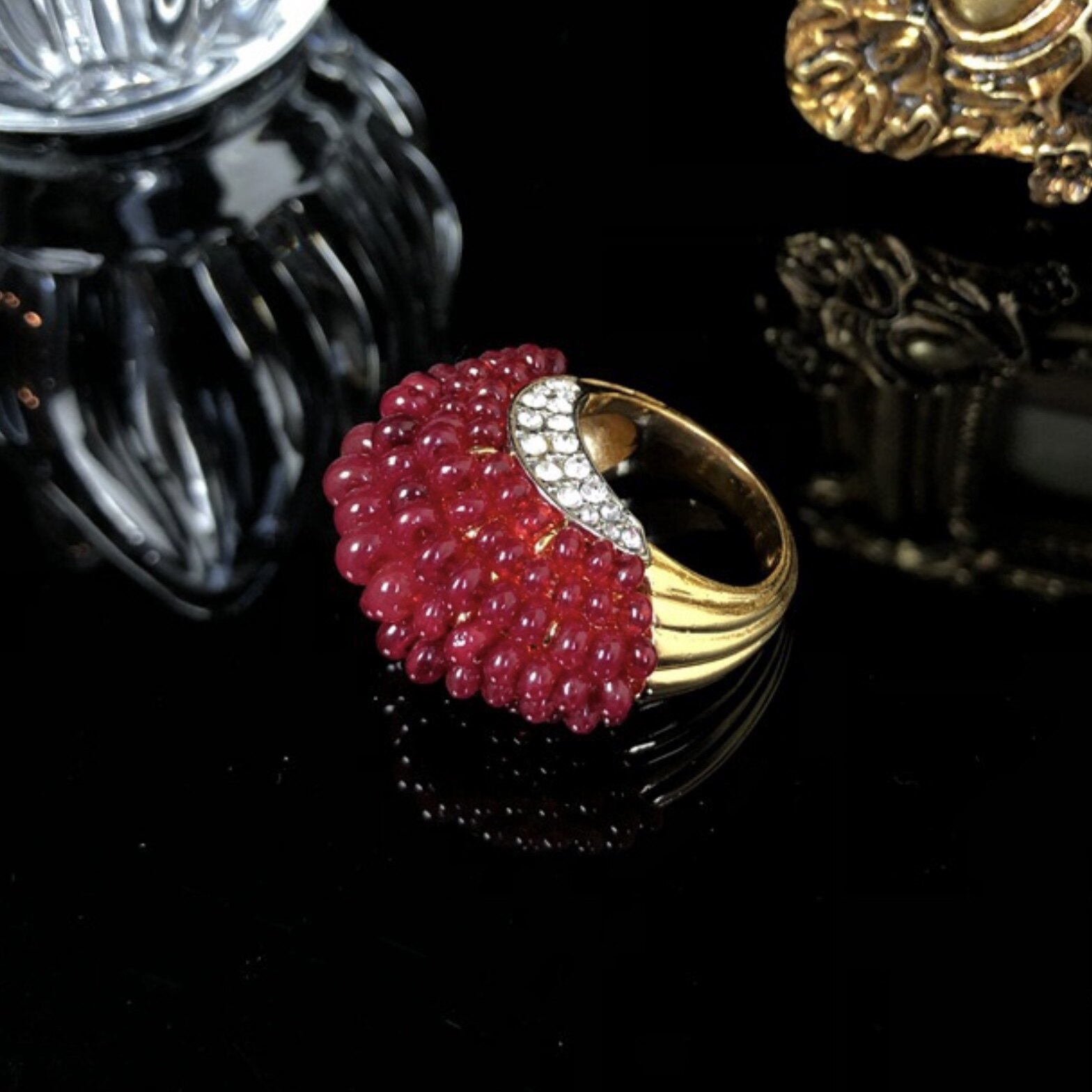 中古风复古宫廷风重工设计仿宝石红琉璃戒指