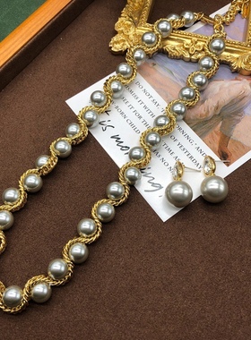 优雅气质小香风毛衣链潮流时尚五金灰色仿珍珠颈链项链耳钉百搭