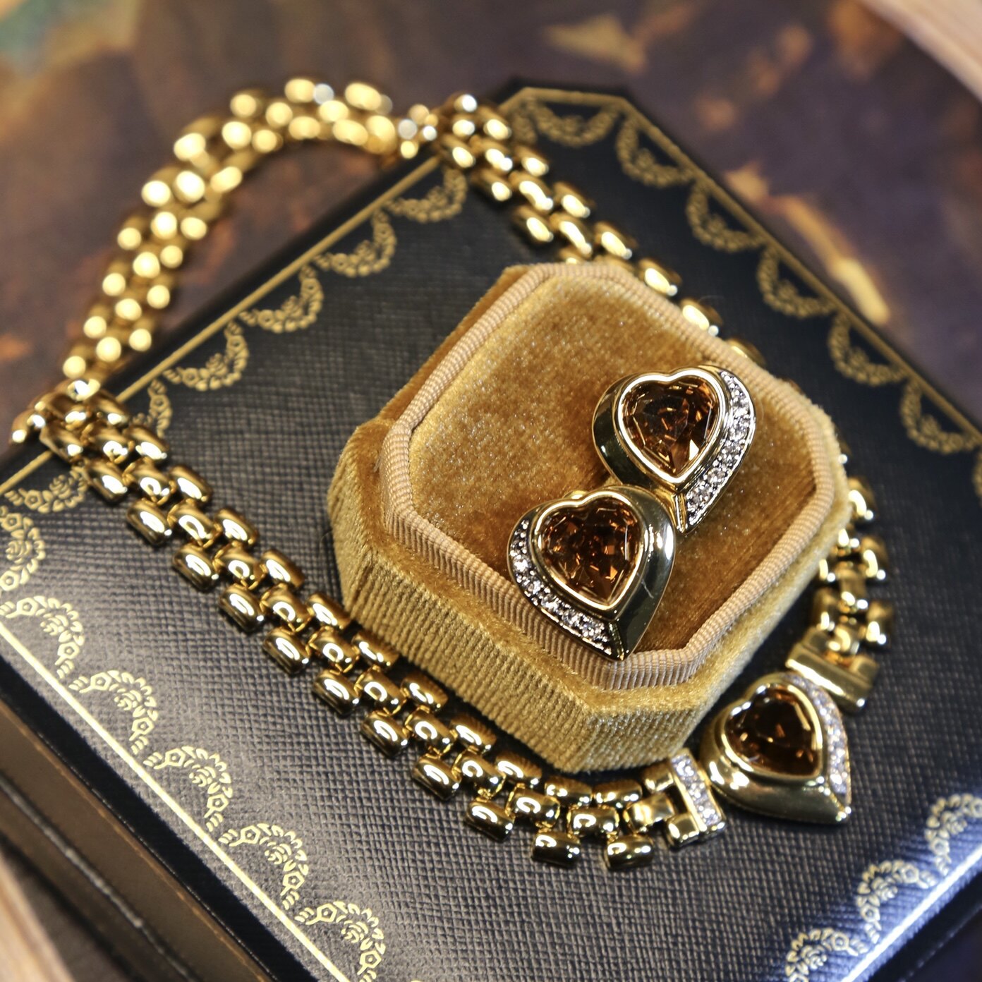 爱心珠宝真空黄铜电镀k金锆石爱心锁骨链项链手链耳环中古风