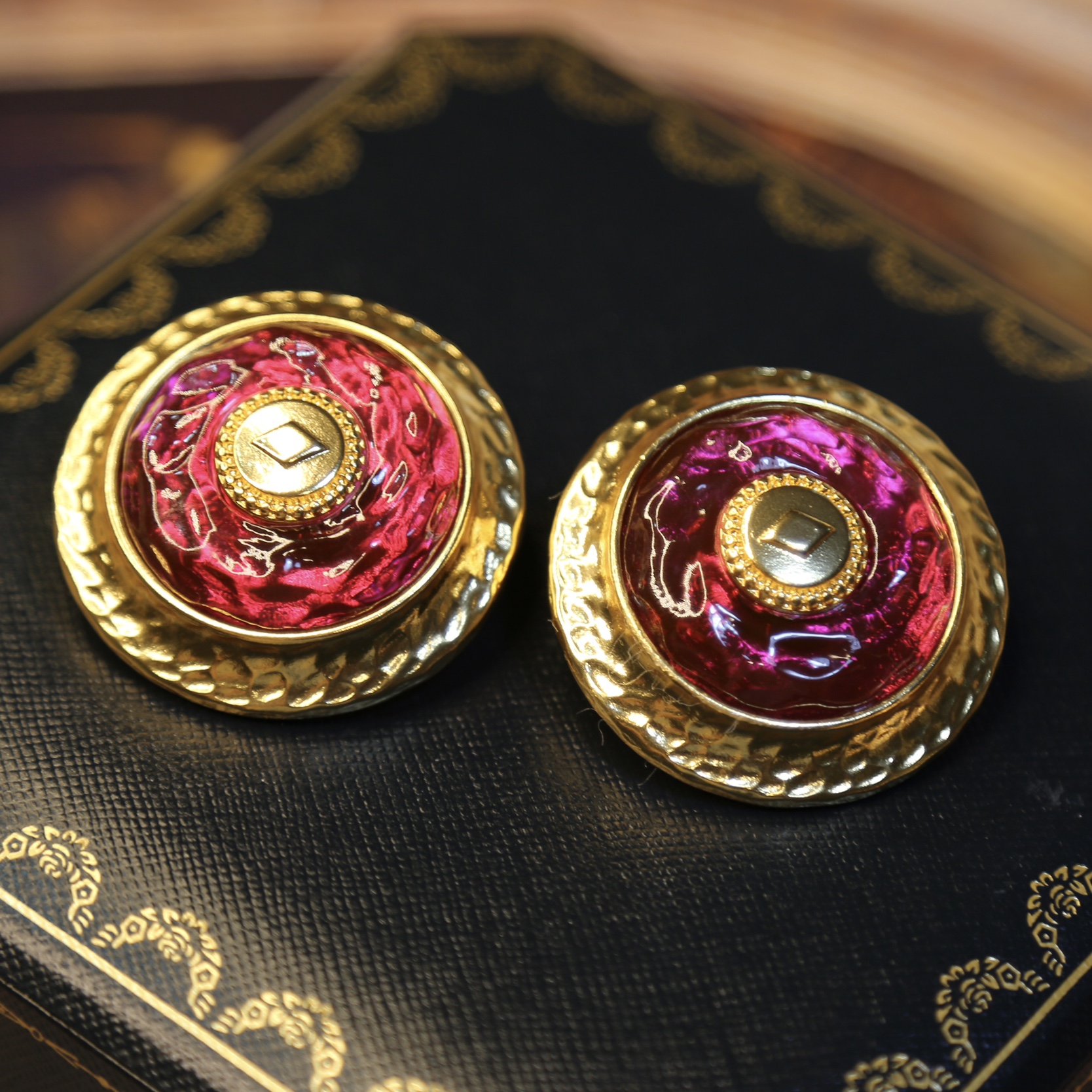 中古风浮夸镀真金925银针果冻仿琉璃圆耳夹无耳洞玫红绿色