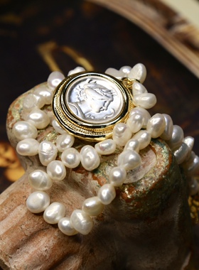 18K电镀真金钻石大力神古币项链 人像古董吊坠镶嵌巴洛克珍珠耳环