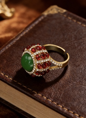 中古风复古宫廷风高级感复古镀真金戒指仿翡翠绿琉璃仿红宝石