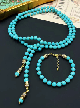 中古复刻vintage夏季新款石头 蓝色海洋毛衣链米珠长款松石项链