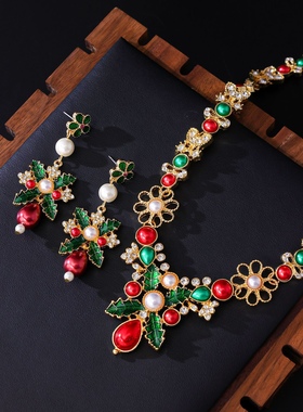 中古风复古宫廷风高级感复古镀真金项链耳钉耳环圣诞树