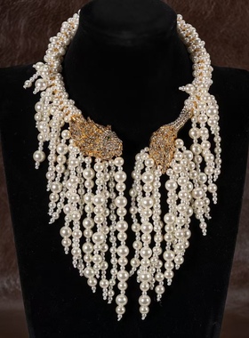 中古复刻西洋饰品重工复古琉璃珍珠流苏坠多层设计颈链项链