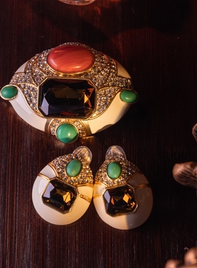 镀真金欧美中古艺术感翠法丽书册款胸针耳夹珐琅满镶莱茵石耳钉