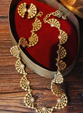 中古复刻欧美复古做旧轻奢扇形镂空项链耳环水晶锆石高级感套装