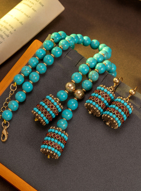 中古风复古宫廷风高级感复古镀真金925银针项链耳钉耳环仿绿松石