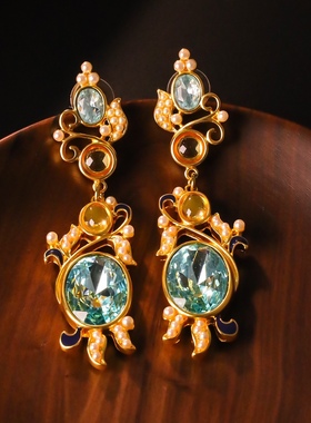 中古风vintage复古宫廷风耳钉耳饰耳环仿珍珠蓝色水晶bol