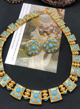 复古vintage风饰品高级设计感绿松石项链做旧耳钉