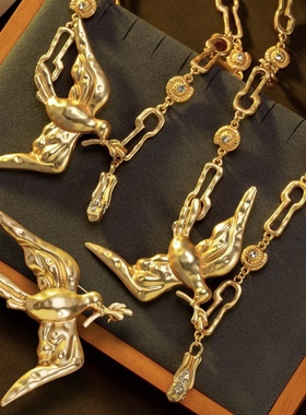 中古风复古宫廷风高级感复古镀真金项链胸针飞鸟鸽子