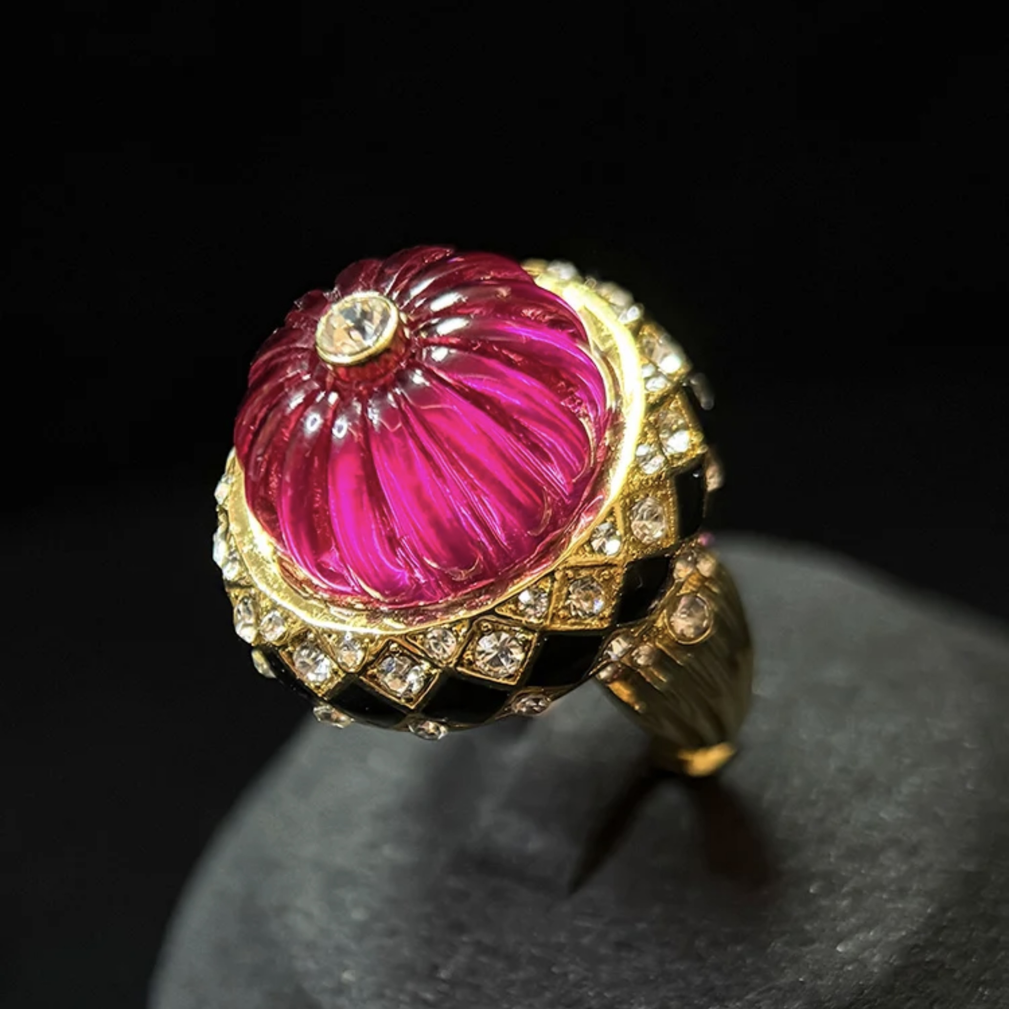 中古风复古宫廷风高级感复古镀真金戒指南瓜楞仿琉璃