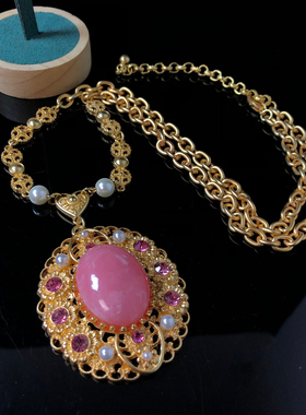 中古风复古宫廷风高级感复古镀真金925银针项链耳钉树脂仿宝石