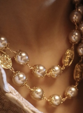 夸张长款施家珍珠浮雕牌项链多层轻奢小众旗袍毛衣链叠戴颈链女