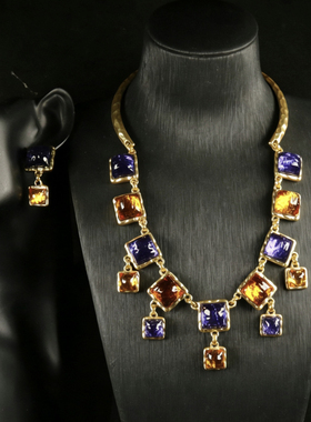 中古风复古风高级感复古镀真金项链素金925银针耳钉耳环彩色琉璃