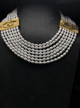 中古风vintage复古宫廷风项链镀真金锁骨链复古金仿珍珠短款