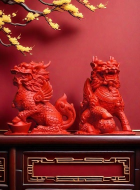 中式红朱砂财福麒麟摆件家用风水办公室工艺品火麒麟摆设装饰
