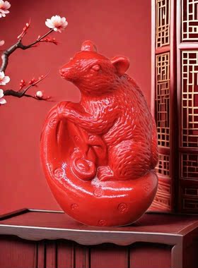 红色吉祥物朱砂招财摆件十二生肖老鼠钱袋鼠玄关书柜装饰生日礼品