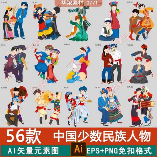 56个民族中华民族少数民族人物服饰服装卡通png免抠矢量AI素材PS