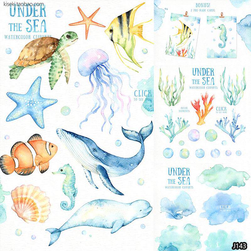 唯美卡通手绘水彩海洋动物植物海龟鲸鱼海星PNG免抠图PS素材